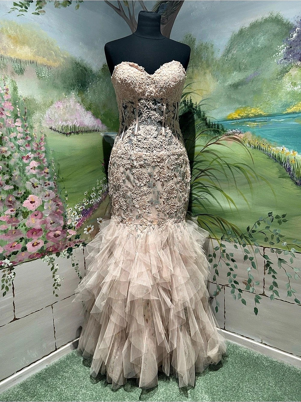 Jovani Blush Pink Strapless Floral Lace Corset Mermaid Tulle Ruffle Dress.